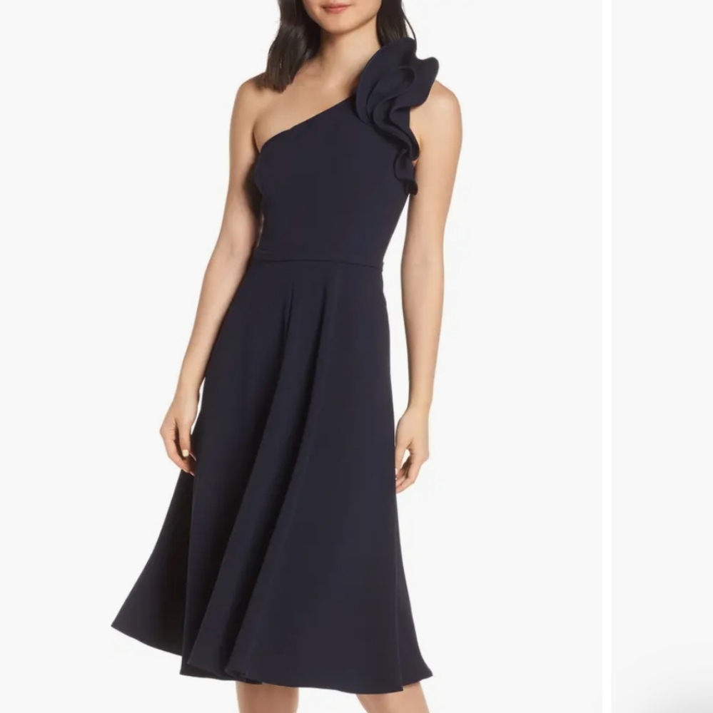 Eliza J Ruffle One Shoulder Midi Dress
